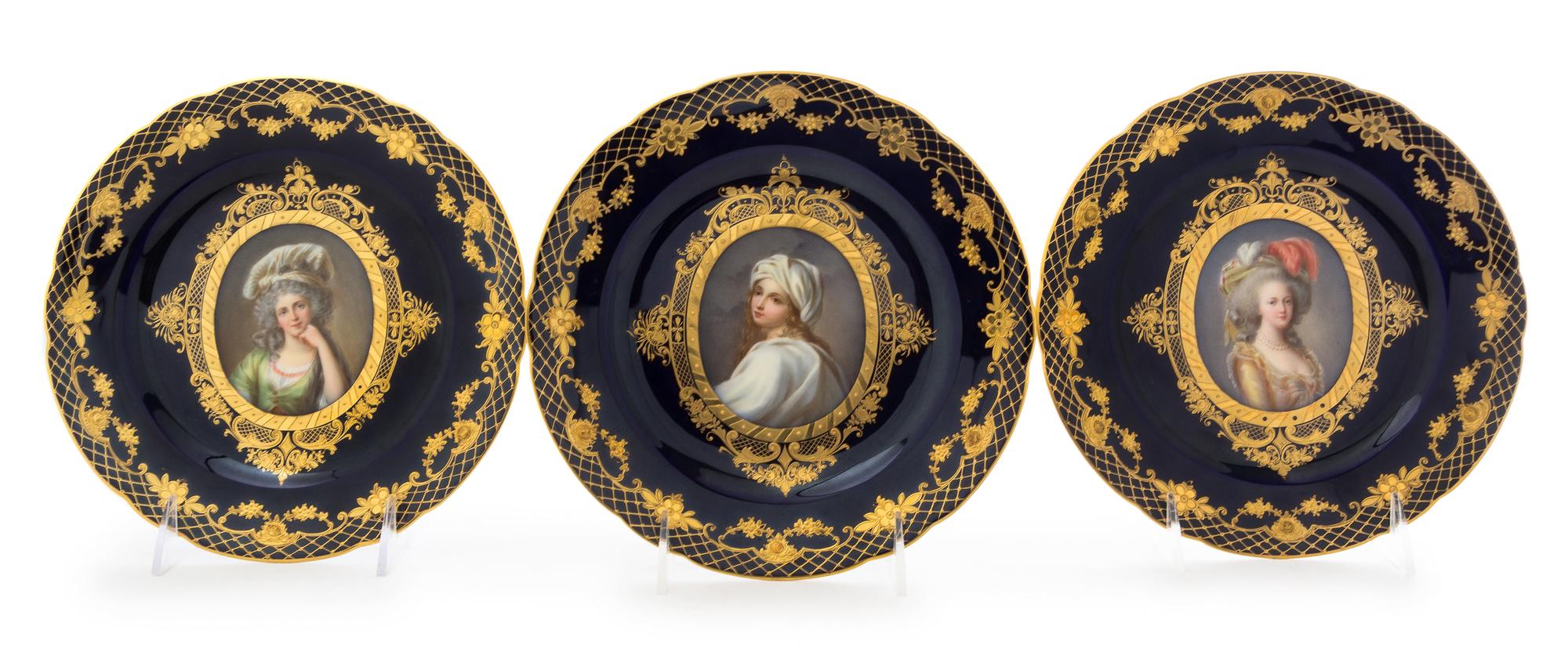 Three Dresden Porcelain Cabinet Plates Diameter 8 1/4 inches.