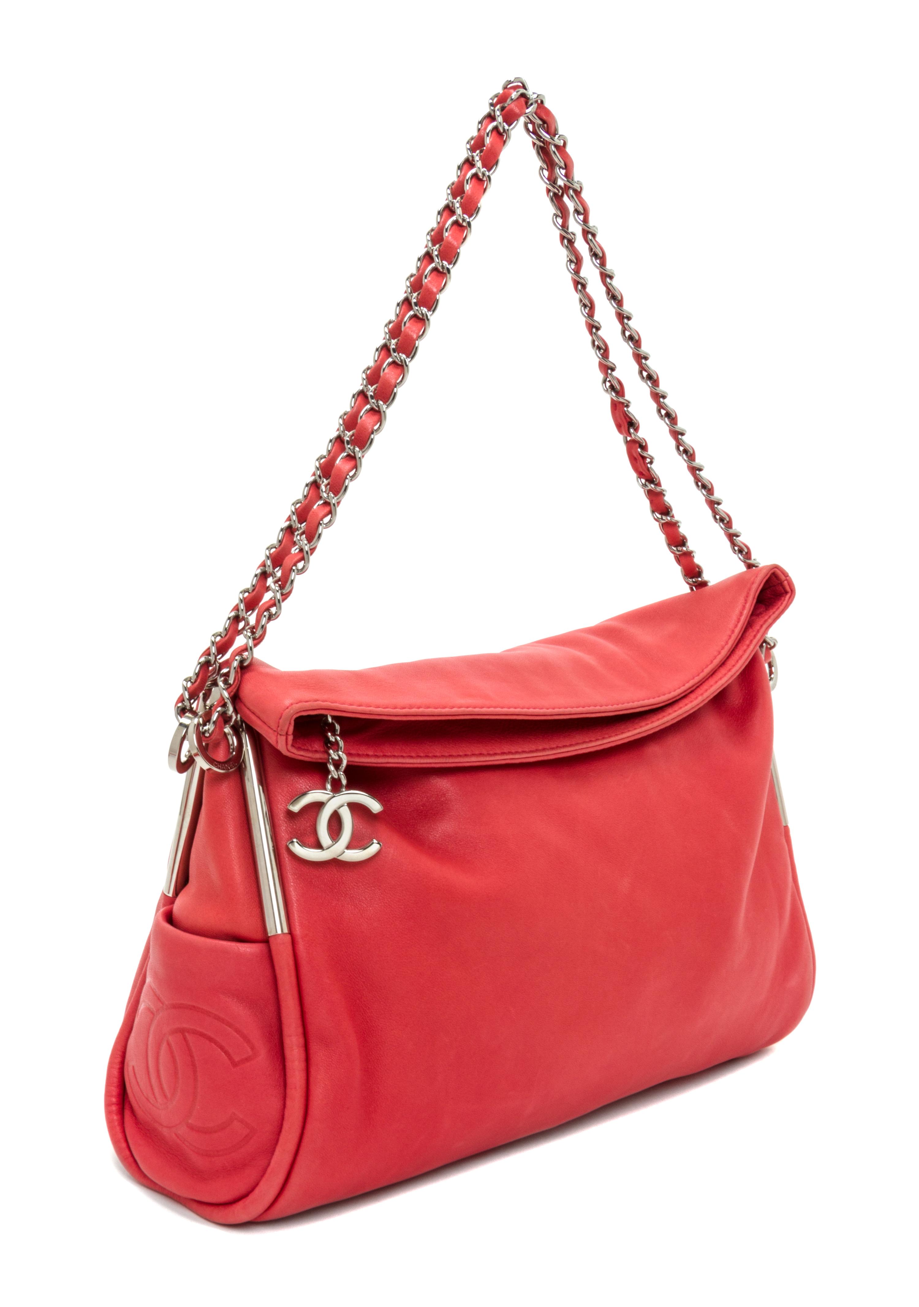 A Chanel Pink Calfskin Leather Fold Over Handbag, 12.5" x 11" x 4".