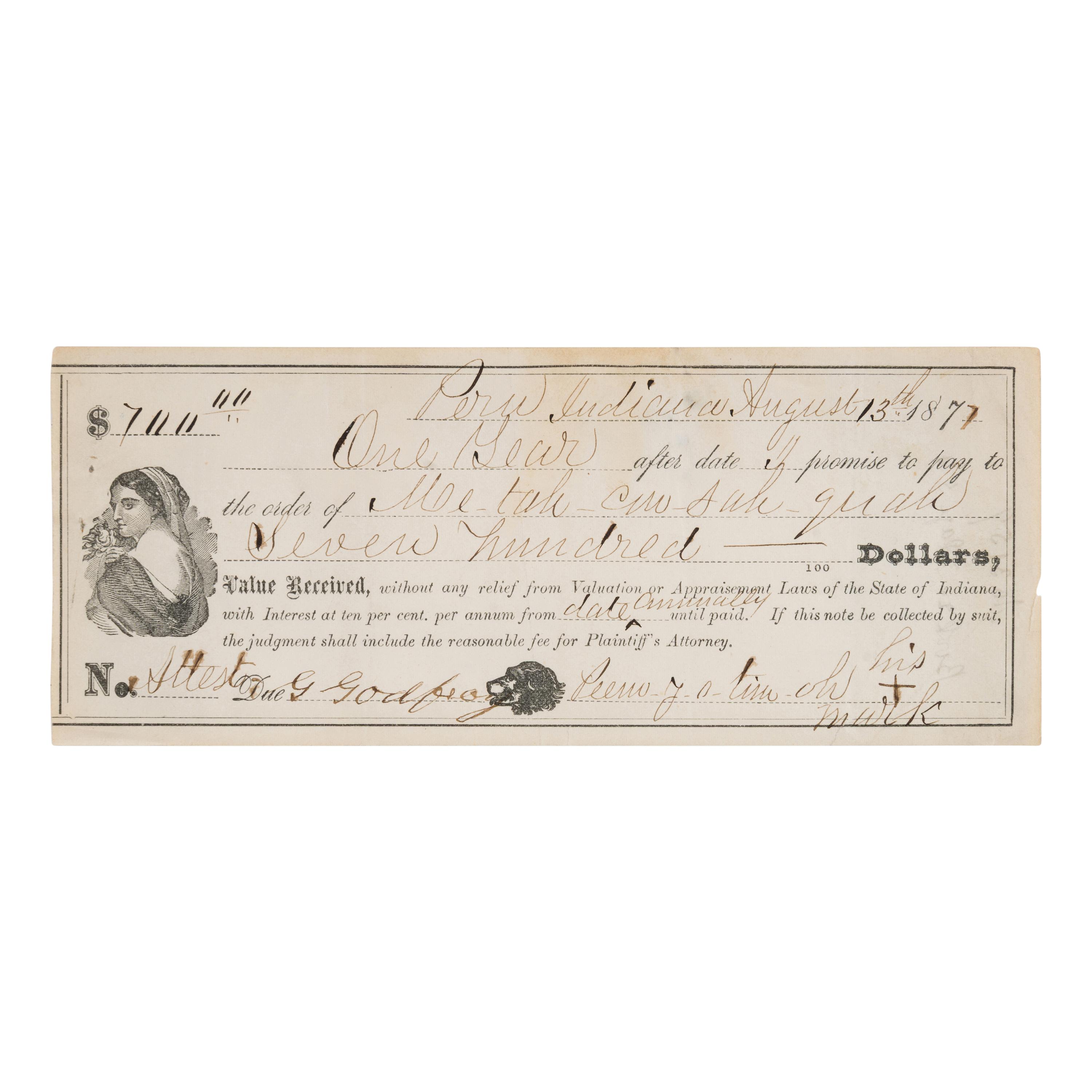 [Native American]. Godfroy, Gabriel (1834-1910). Partly printed document signed ("G. Godfroy"), Peru, Indiana, 13 August 1877.