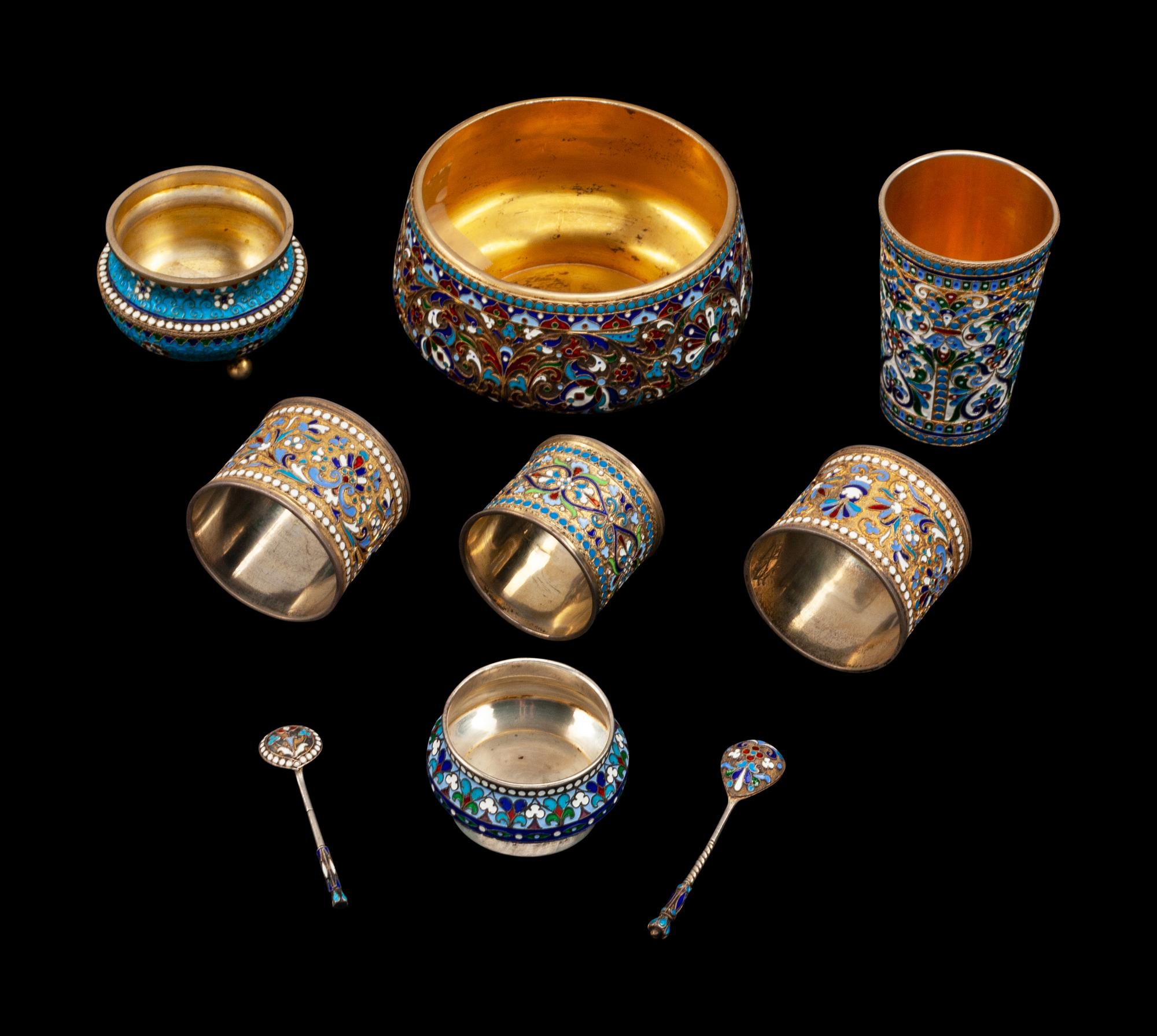 A Group of Seven Russian Enameled Silver Articles