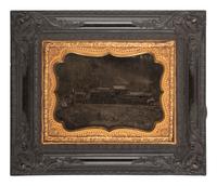 [EARLY PHOTOGRAPHY]. Quarter plate ambrotype of a train engine and tender marked "Eagleton," likely on its way to or from the Eagleton mine camp in Central Pennsylvania.