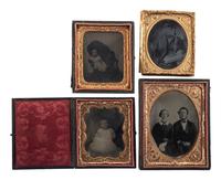 [EARLY PHOTOGRAPHY - PORTRAITURE]. A group of 21 assorted daguerreotypes, ambrotypes, tintypes, and CDVs of men, women, and children, with Kenosha, WI album with tintypes, CDVs, and cabinet cards.