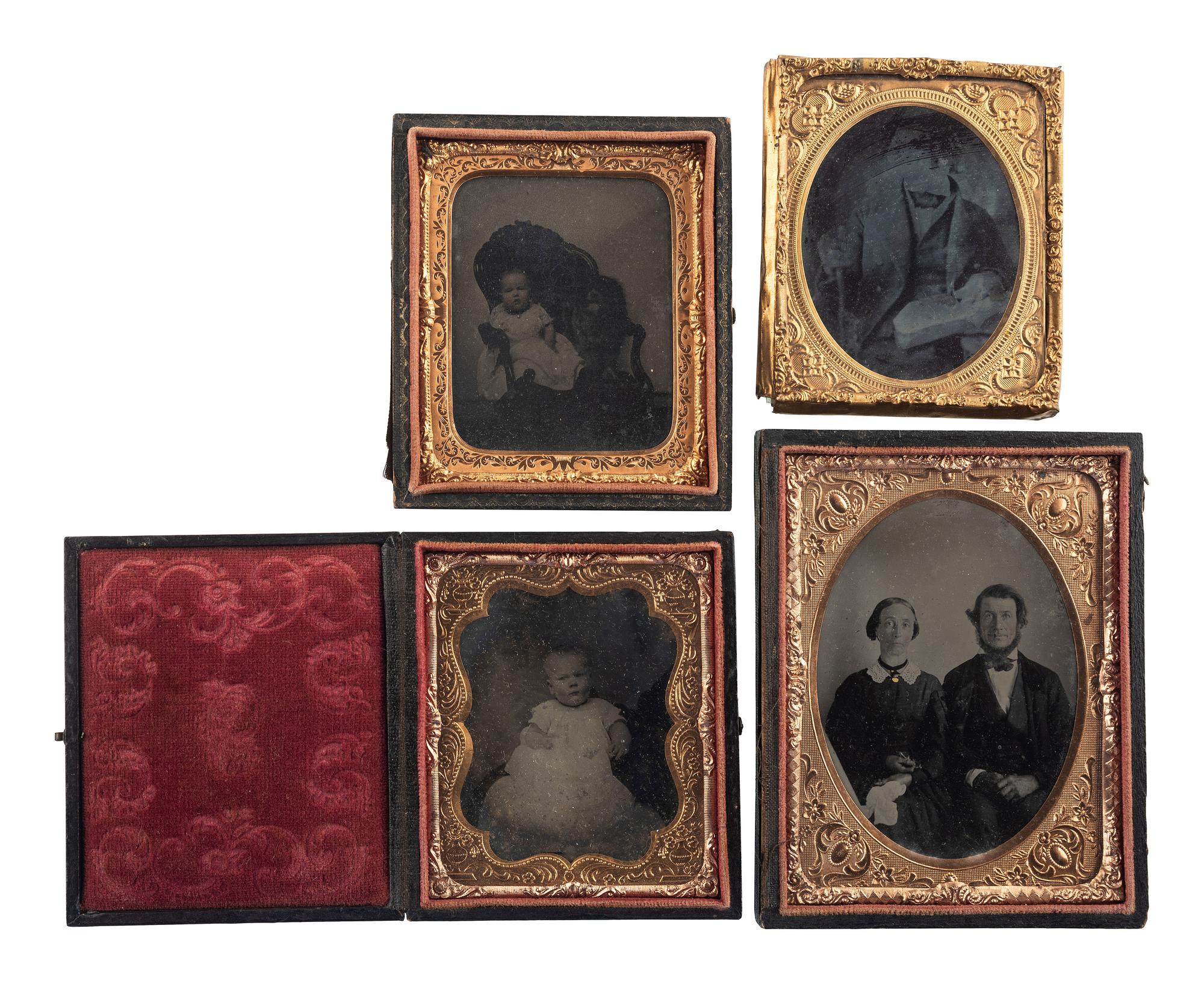 [EARLY PHOTOGRAPHY - PORTRAITURE]. A group of 21 assorted daguerreotypes, ambrotypes, tintypes, and CDVs of men, women, and children, with Kenosha, WI album with tintypes, CDVs, and cabinet cards.