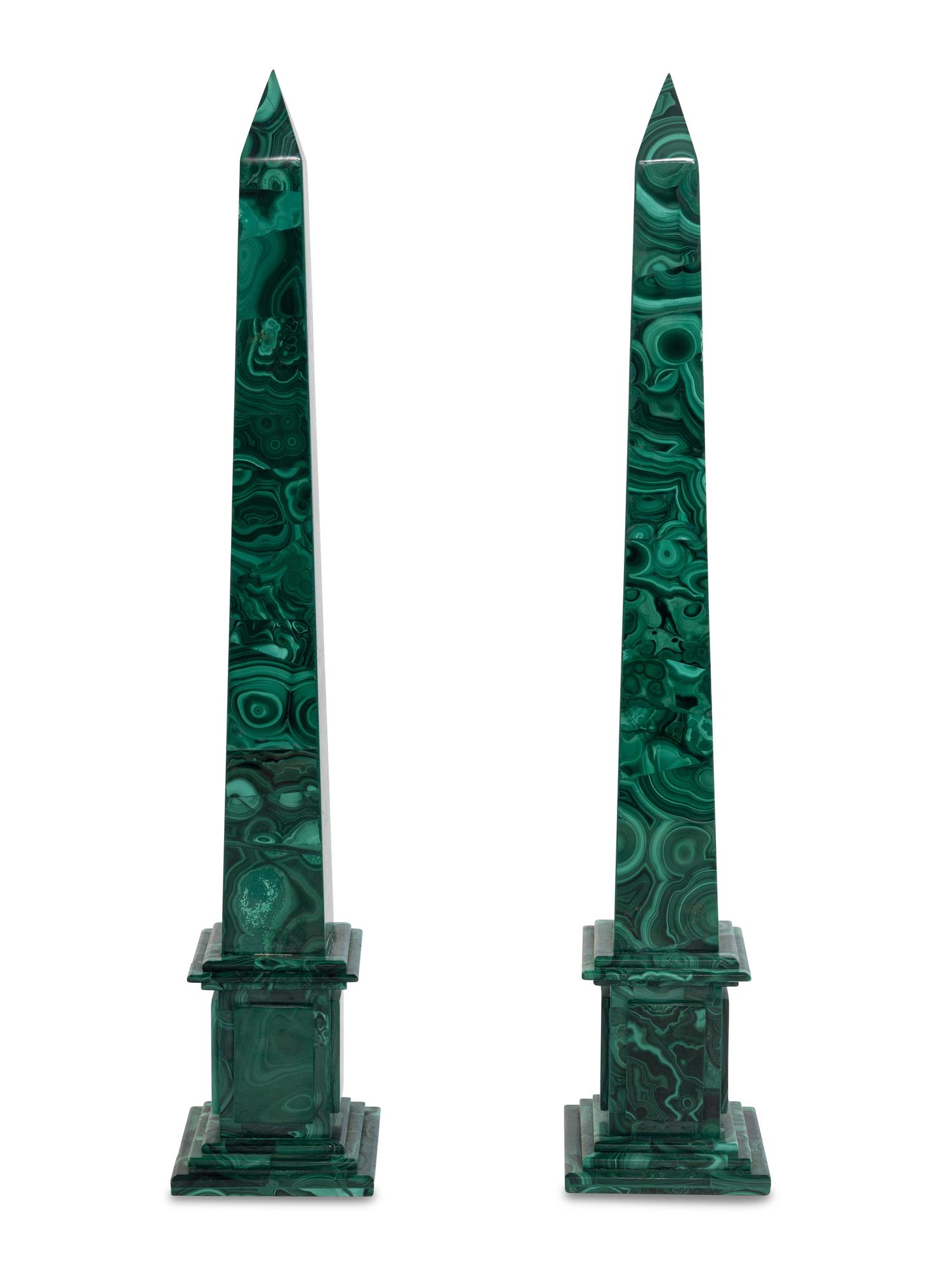 A Pair of Malachite Veneered Obelisks