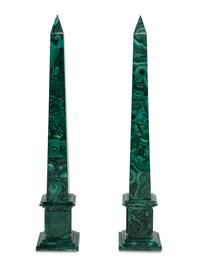 A Pair of Malachite Veneered Obelisks