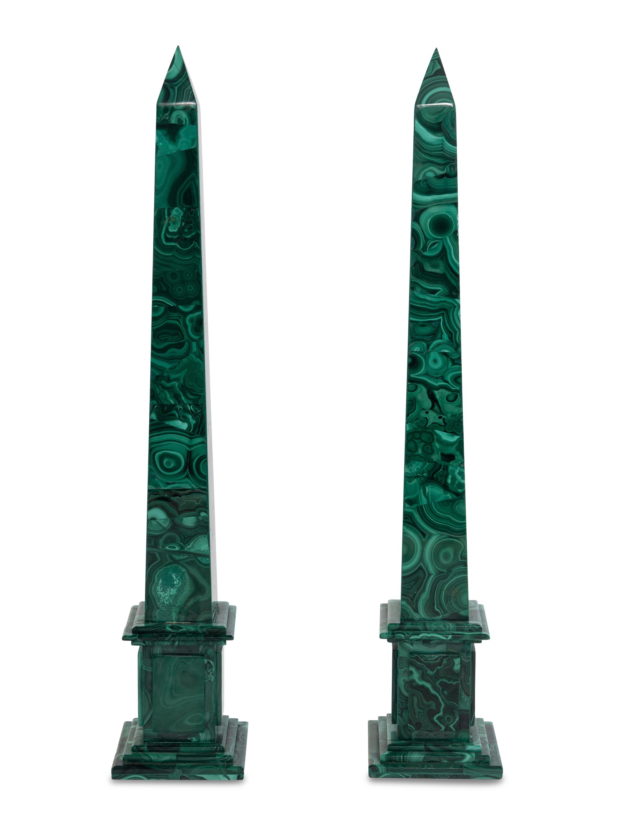 A Pair of Malachite Veneered Obelisks