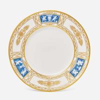 A set of twelve pate-sur-pate gilt and enameled porcelain dinner plates Minton, England, retailed by Tiffany & Co., New York, NY, date marks for 1928-1929