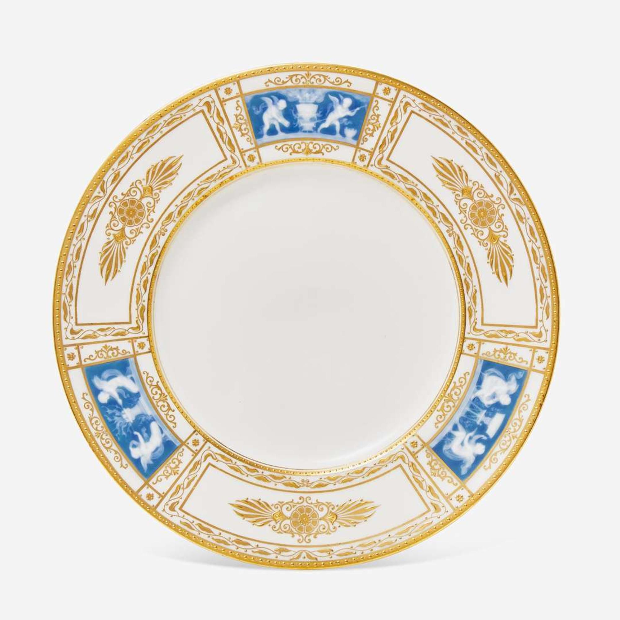 A set of twelve pate-sur-pate gilt and enameled porcelain dinner plates Minton, England, retailed by Tiffany & Co., New York, NY, date marks for 1928-1929