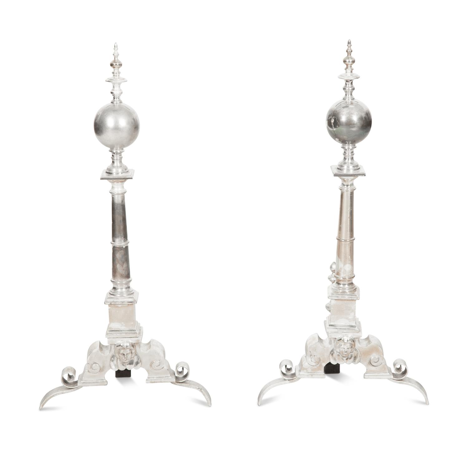 A Pair of Silvered Brass Andirons