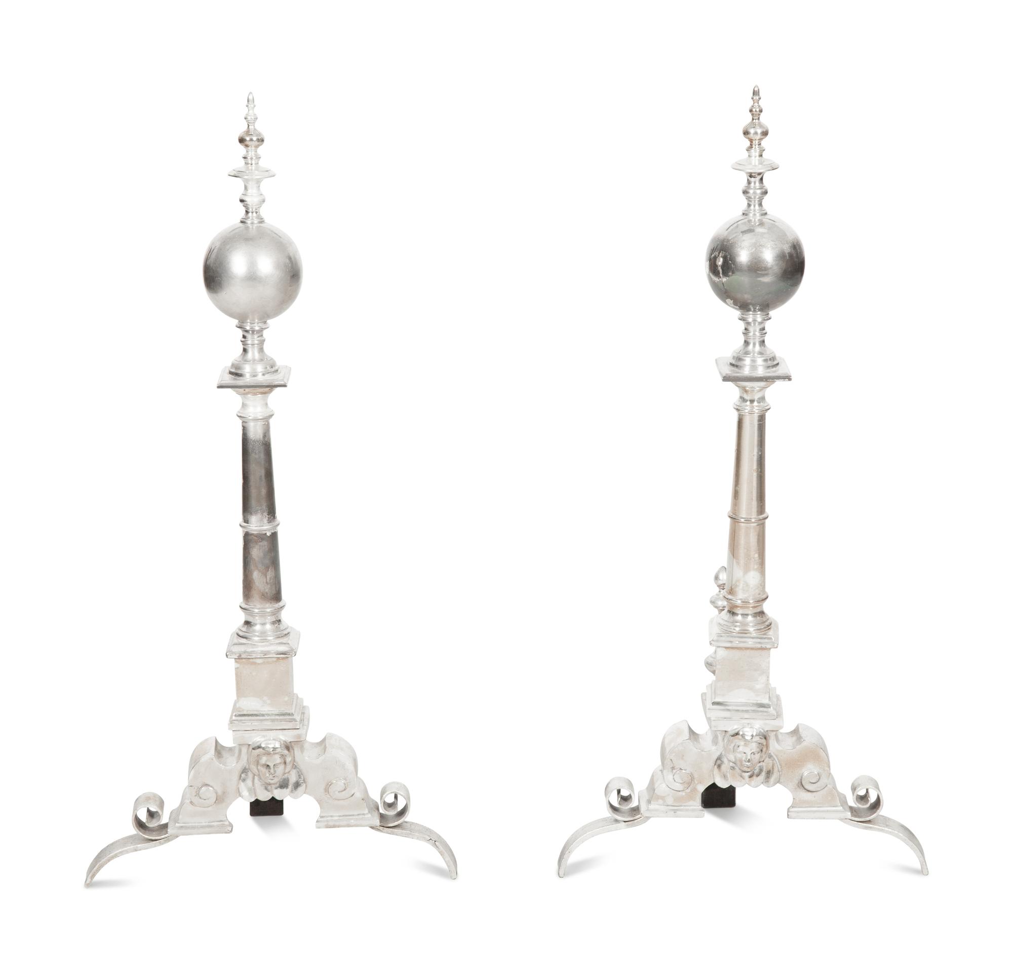 A Pair of Silvered Brass Andirons