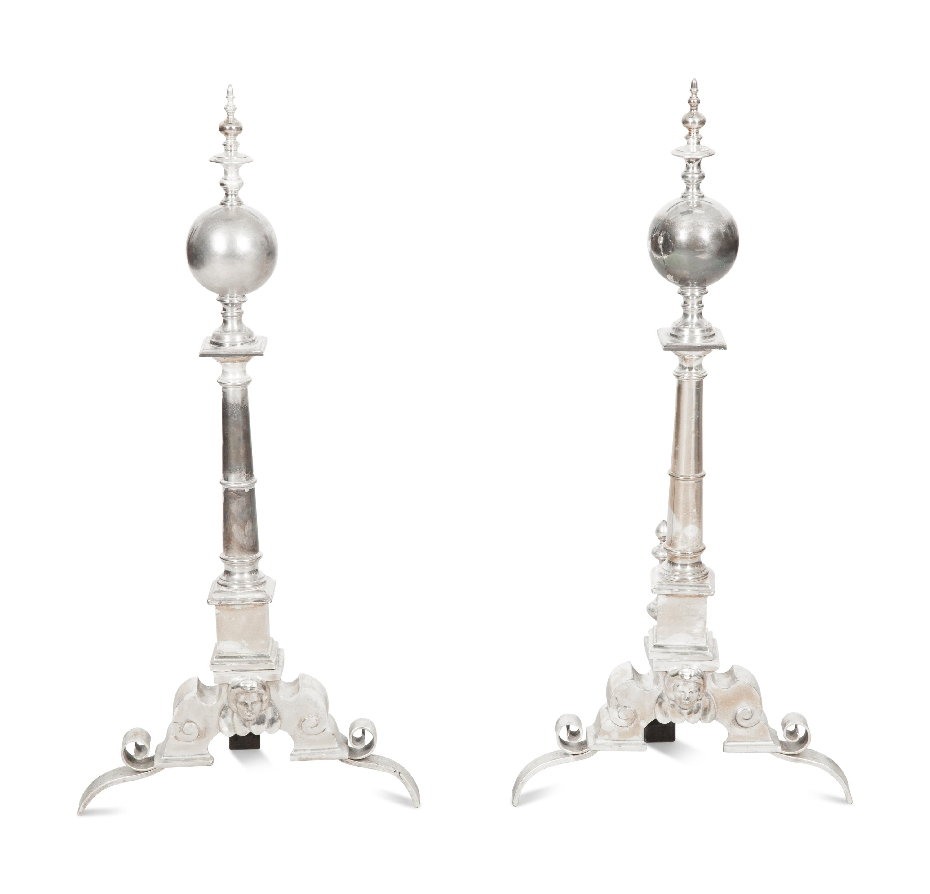 A Pair of Silvered Brass Andirons