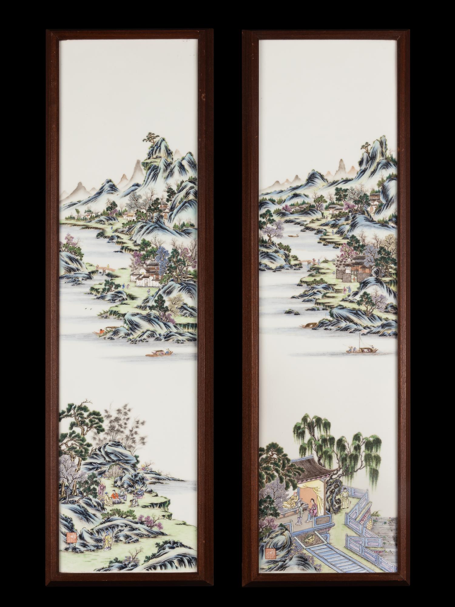 A Pair of Chinese Famille Rose 'Landscape' Porcelain Panels, Republic Period 民國 粉彩山水圖瓷挂屏一對