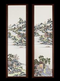 A Pair of Chinese Famille Rose 'Landscape' Porcelain Panels, Republic Period 民國 粉彩山水圖瓷挂屏一對