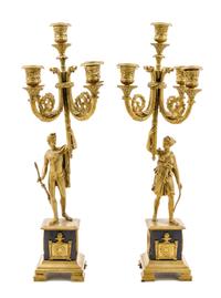 A Pair of Empire Style Gilt and Patinated Bronze Five-Light Candelabra Height 14 1/8 inches. — EARLY 20TH CENTURY