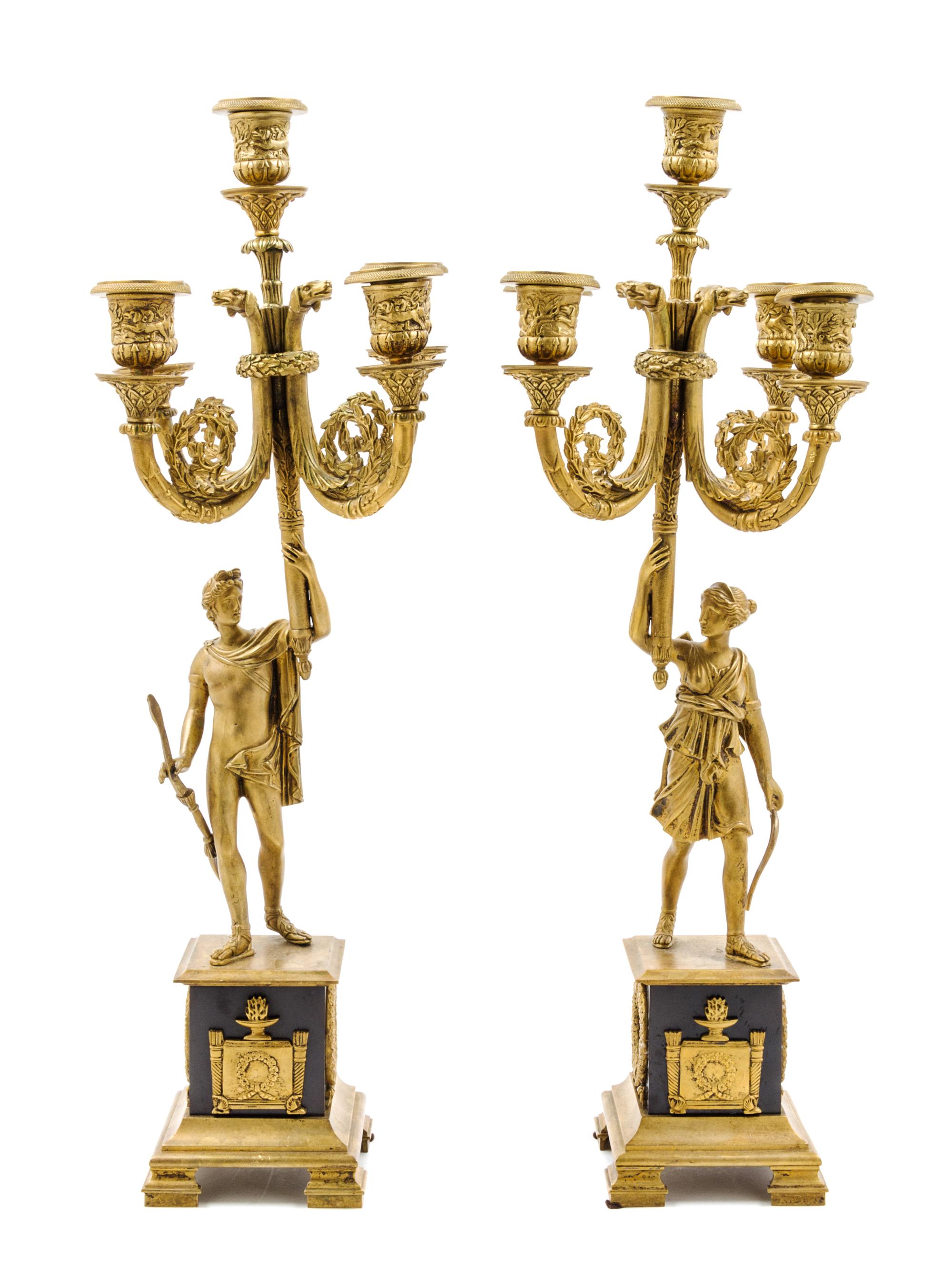 A Pair of Empire Style Gilt and Patinated Bronze Five-Light Candelabra Height 14 1/8 inches. — EARLY 20TH CENTURY