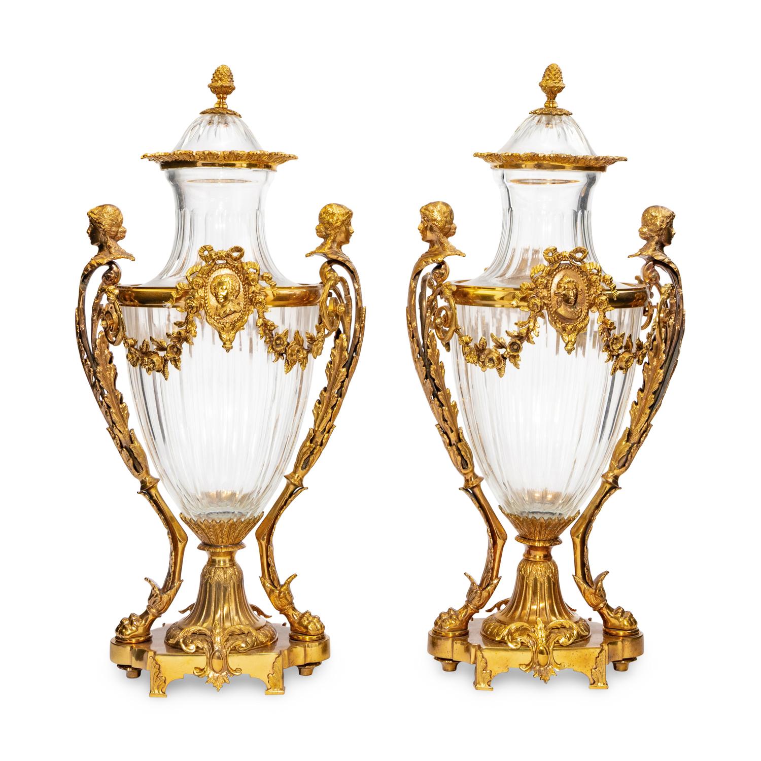 A Pair of Baccarat Gilt Bronze Mounted Glass Urns