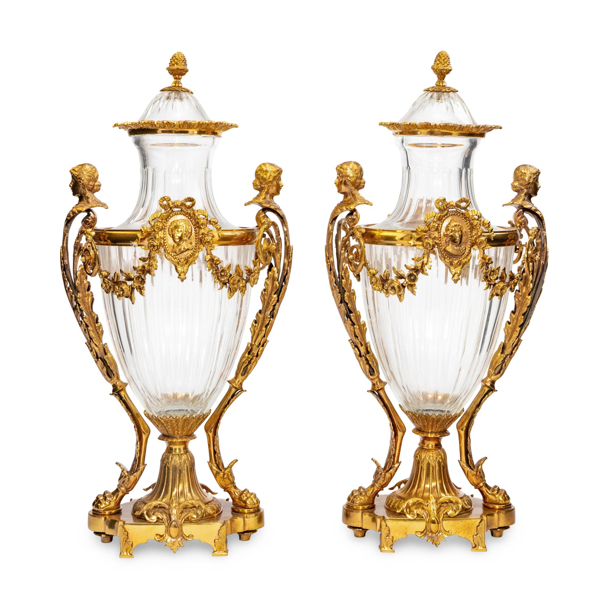 A Pair of Baccarat Gilt Bronze Mounted Glass Urns