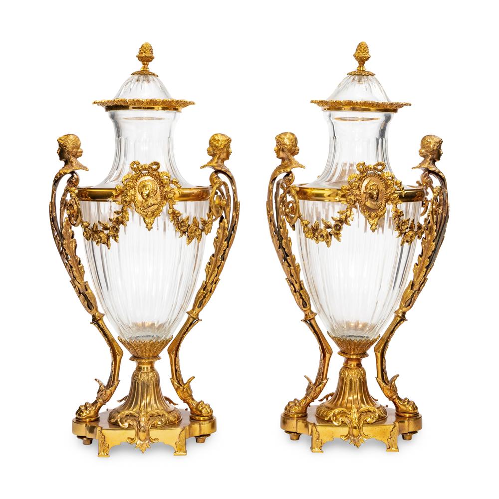 A Pair of Baccarat Gilt Bronze Mounted Glass Urns