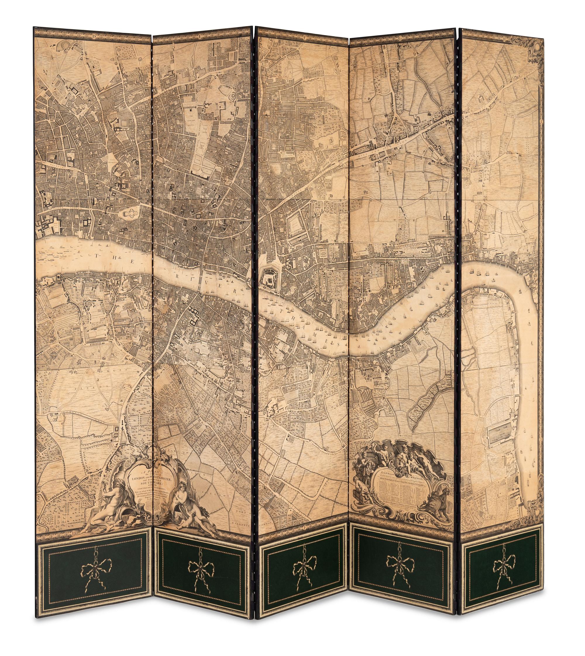 An Eight-Panel Floor Screen Depicting an Engraved Map of London