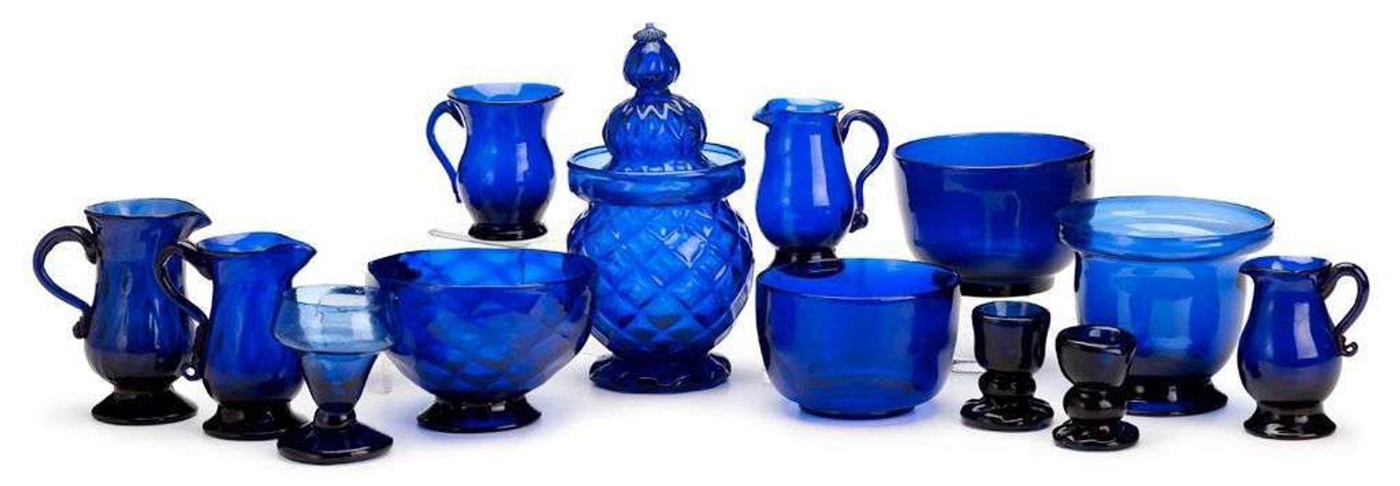 Group of blown cobalt-colored glass table items 19th century