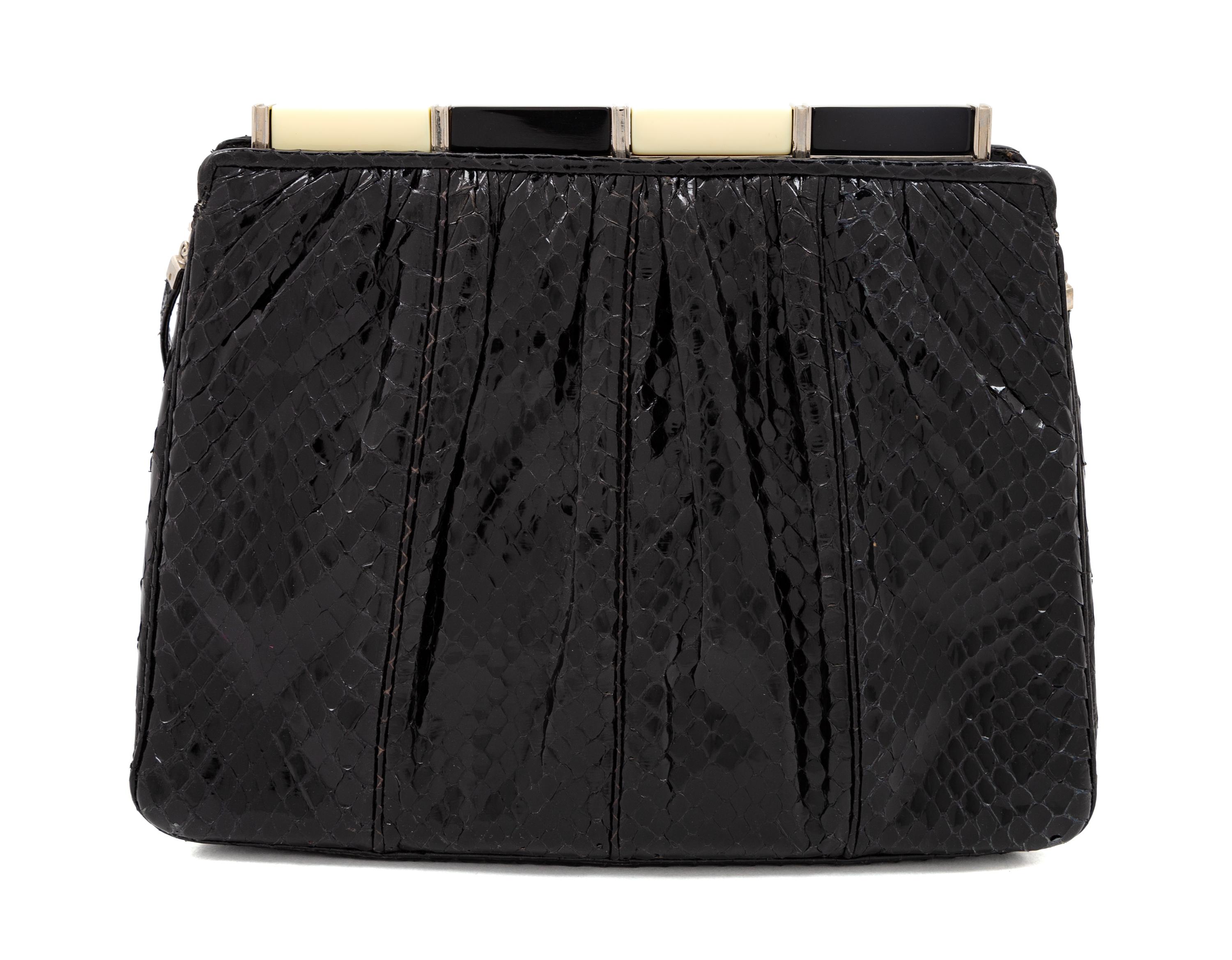 Judith Leiber Black Snakeskin Clutch 6.75" H x 8.5" W x 2" D; Strap drop: 20"
