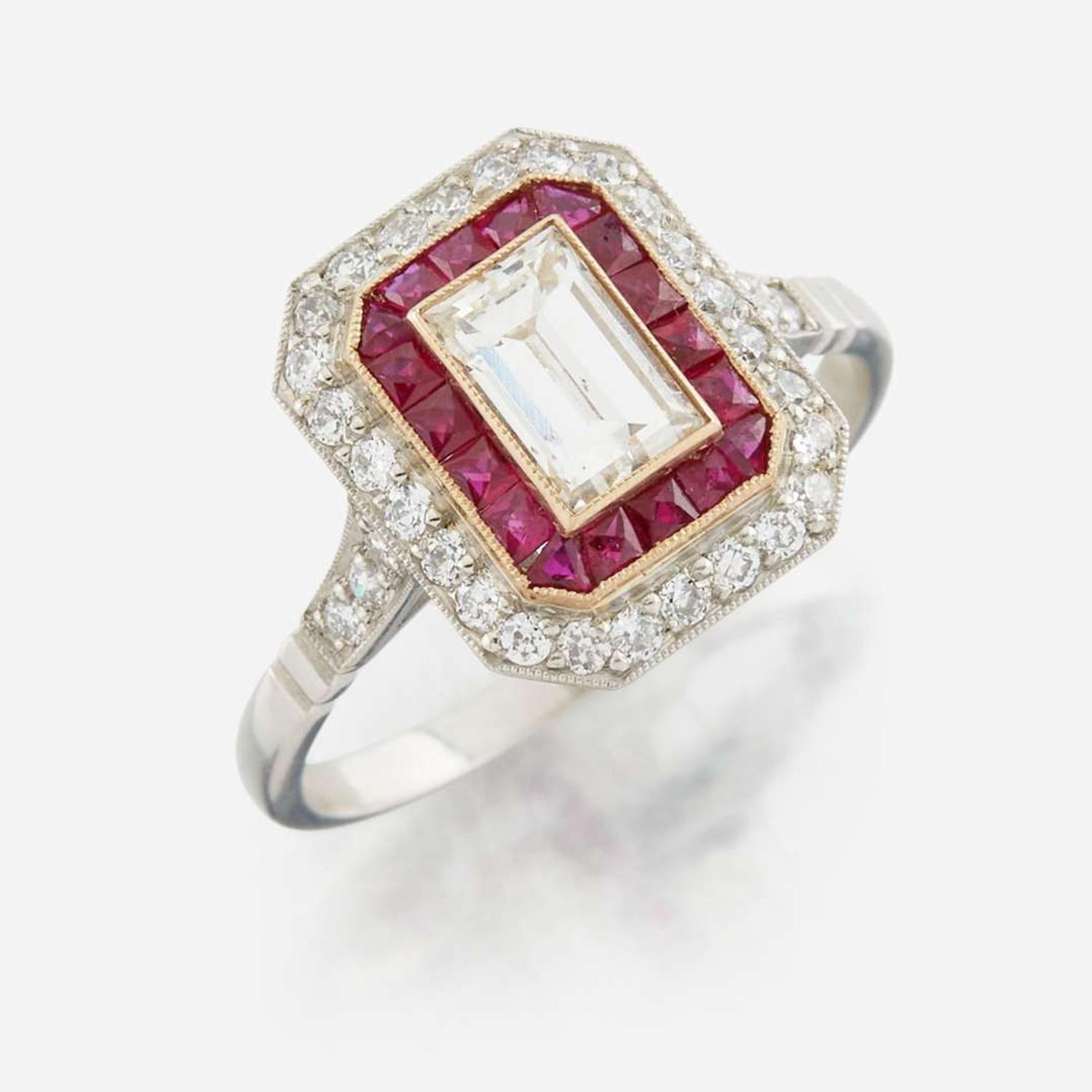 A diamond, ruby, and platinum ring