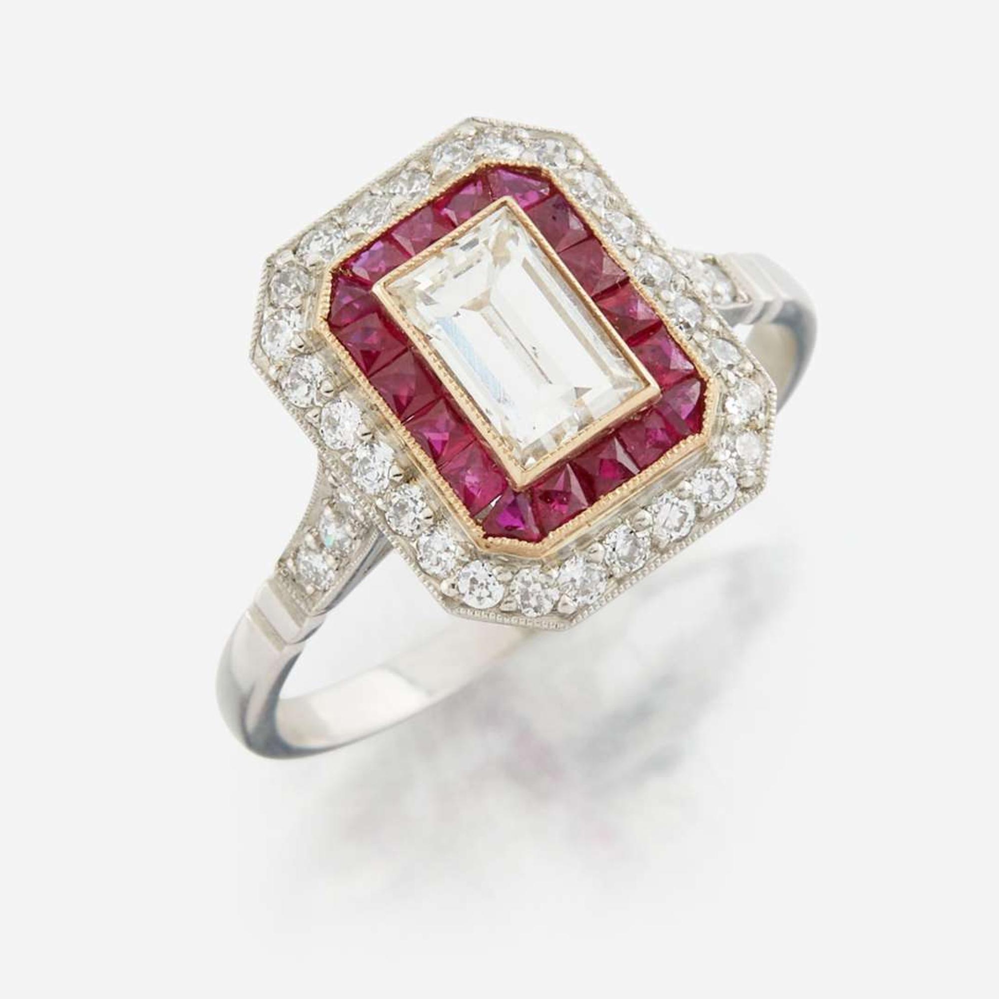 A diamond, ruby, and platinum ring