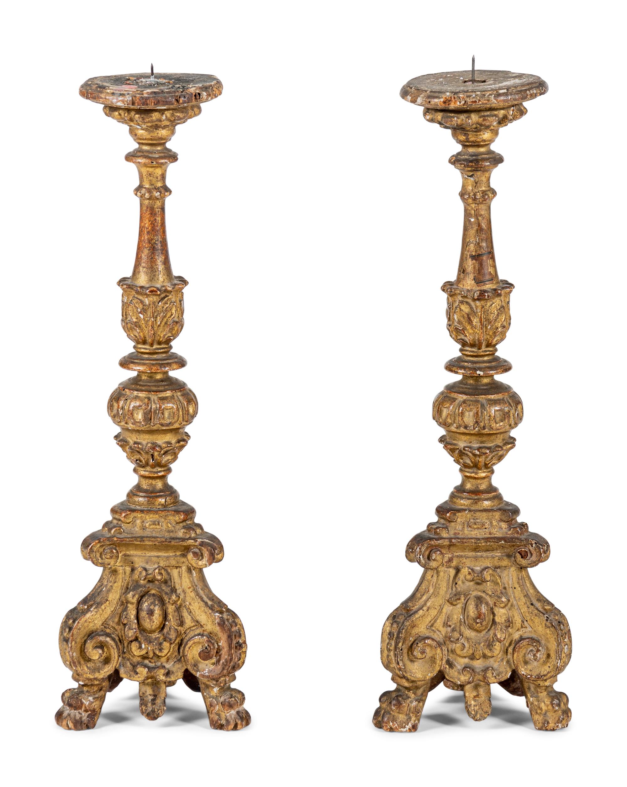A Pair of Italian Baroque Giltwood Pricket Sticks