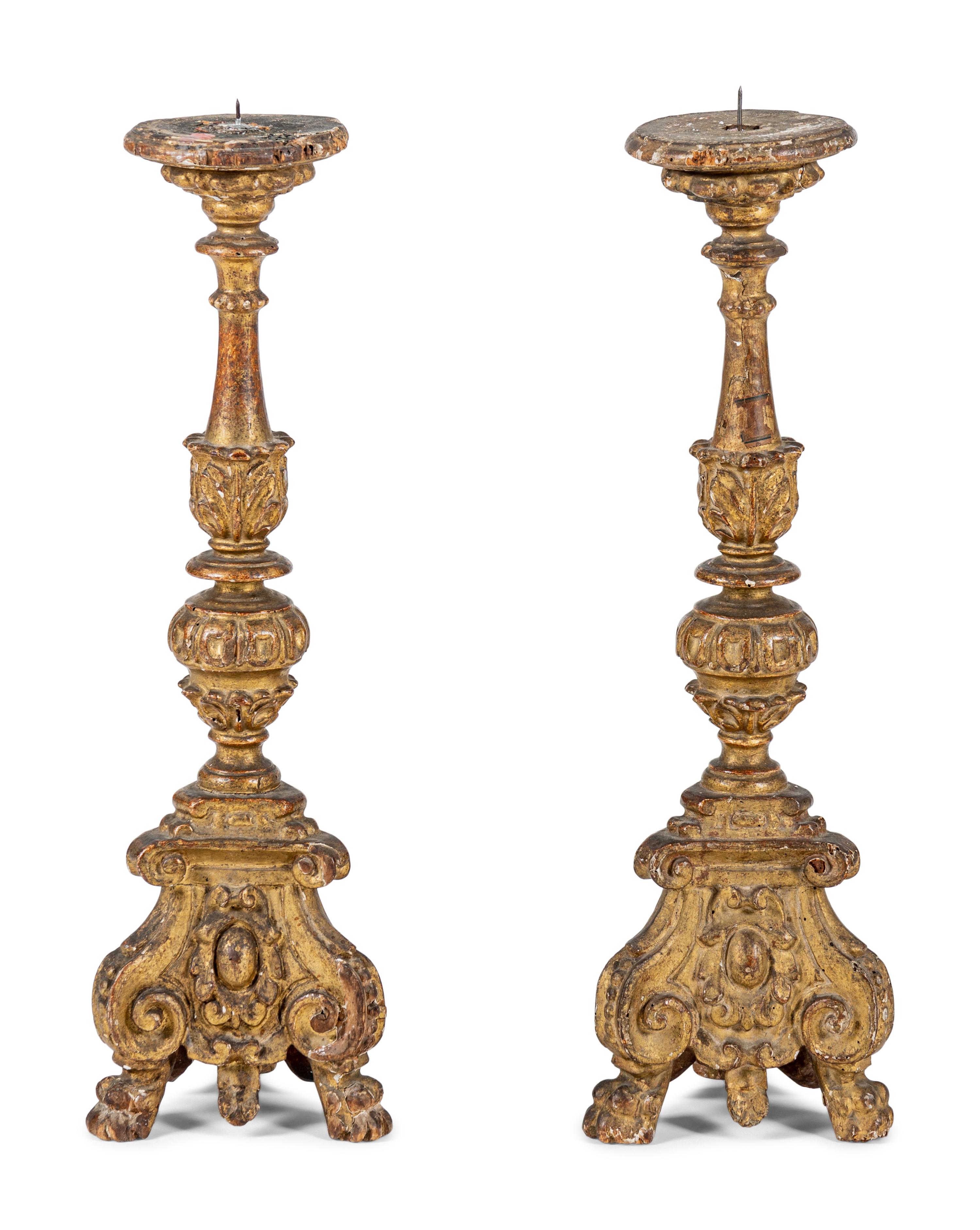 A Pair of Italian Baroque Giltwood Pricket Sticks