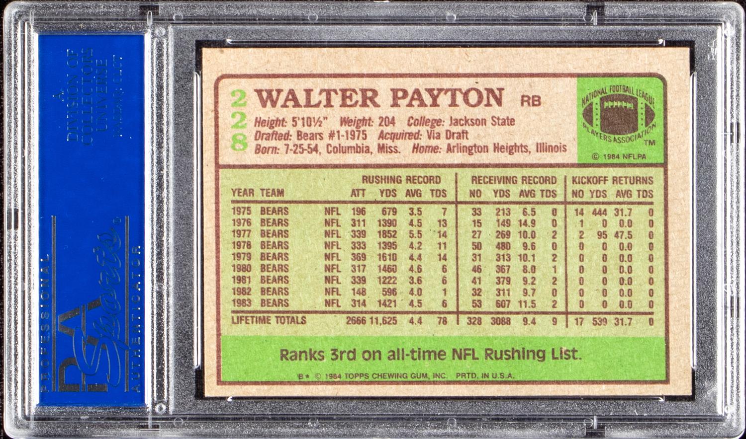 A 1984 Topps Walter Payton Signed Autograph Football Card No. 228 (PSA Authentic)
