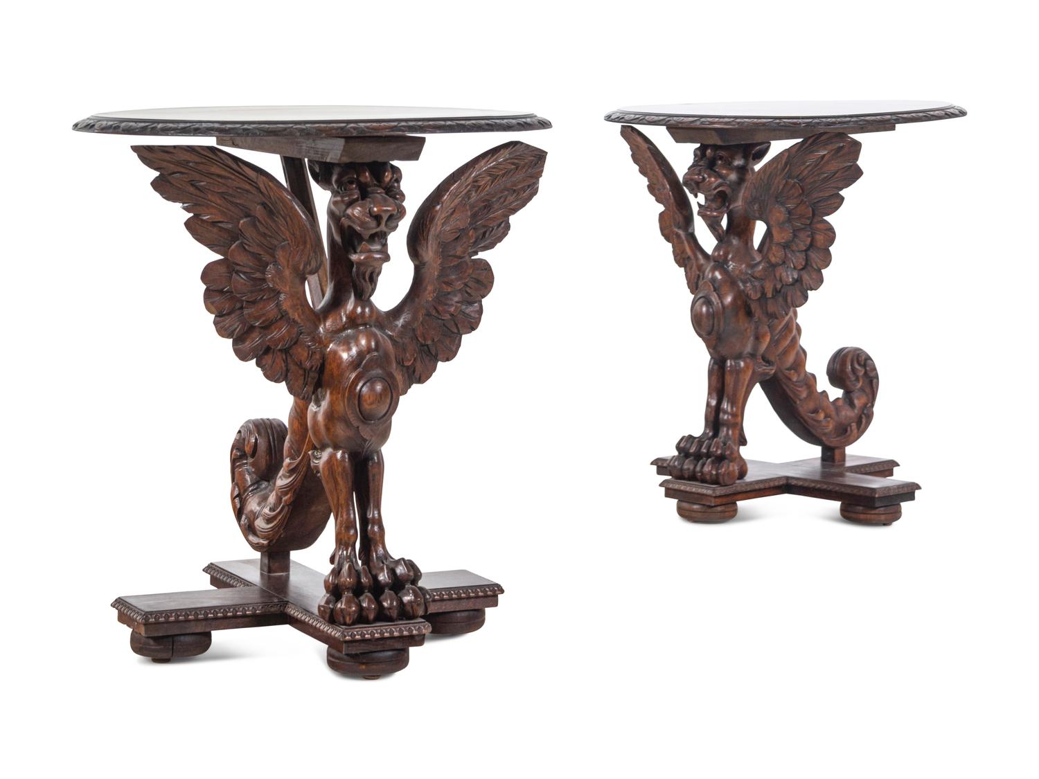 A Pair of Continental Baroque Style Carved Walnut Griffin Tables