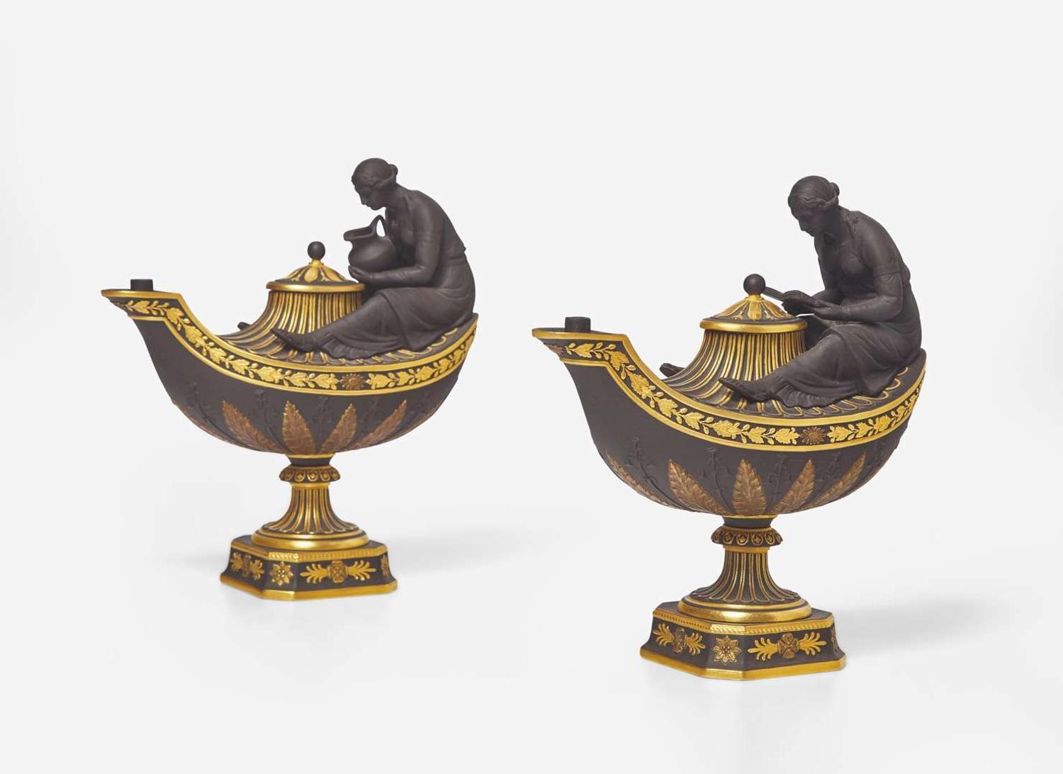 A Pair of Wedgwood Gilded Black Basalt Vestal Lamps, UK, 2000