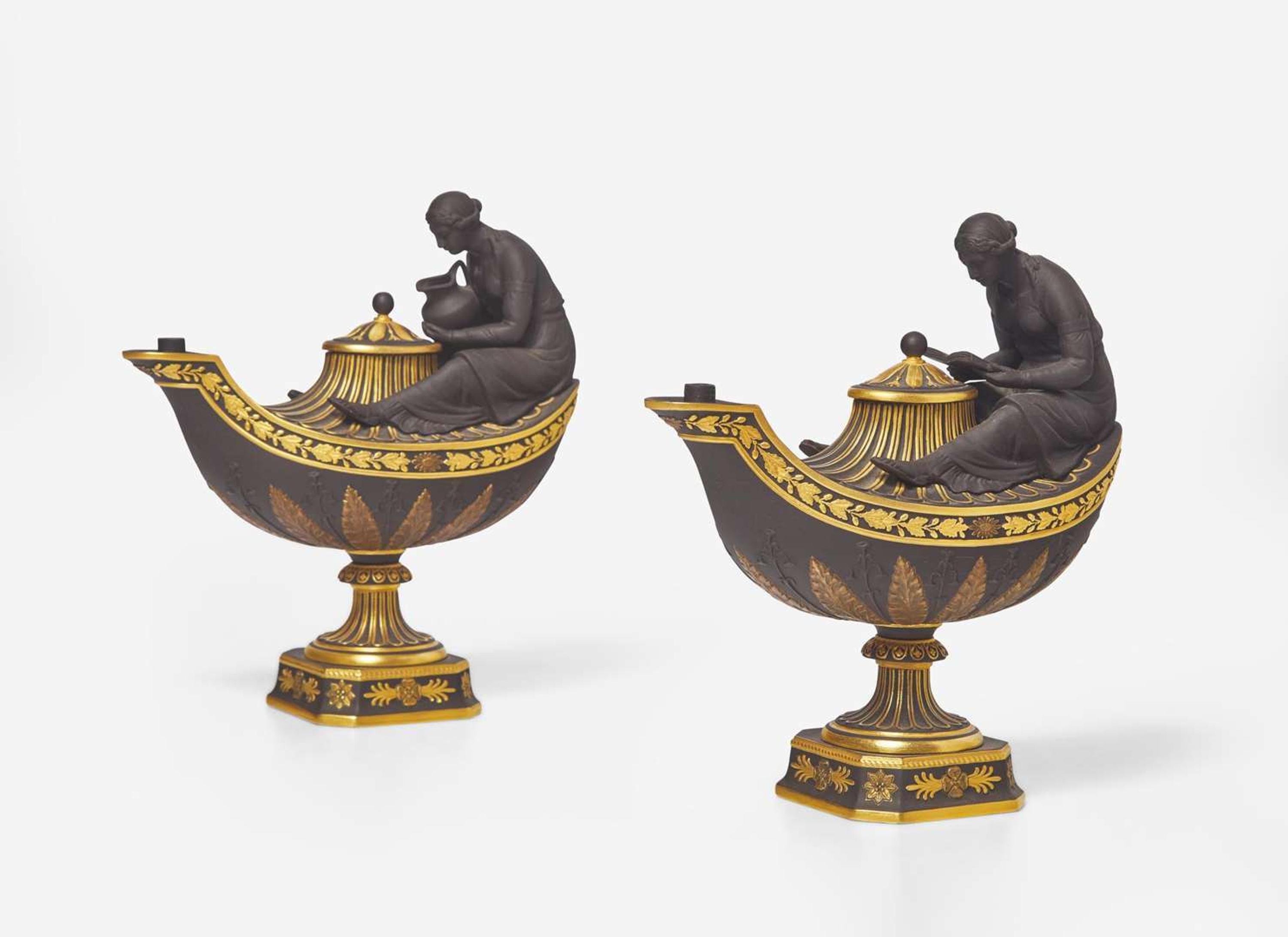 A Pair of Wedgwood Gilded Black Basalt Vestal Lamps, UK, 2000