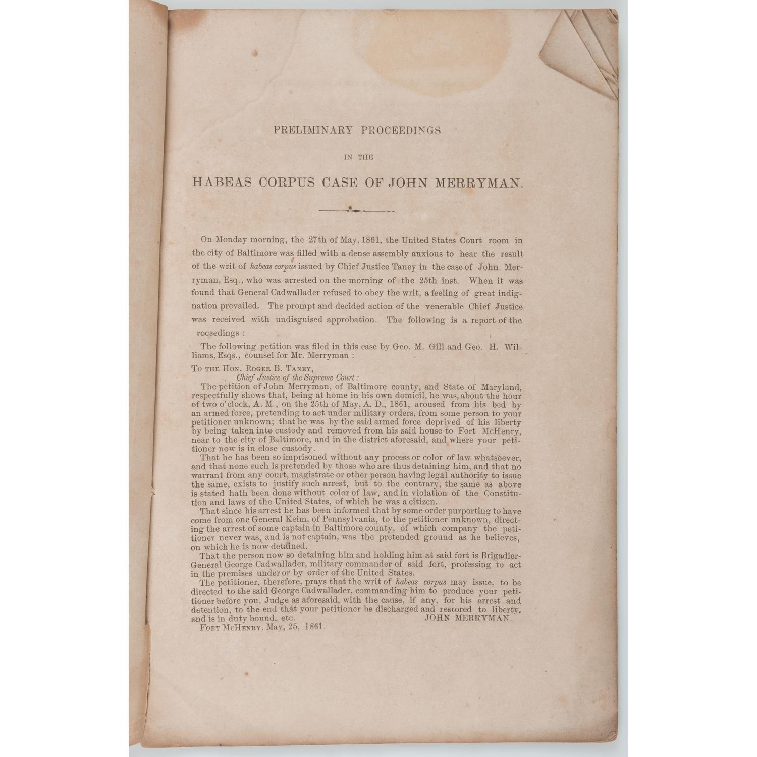 Very Rare 1861 New Orleans Imprint, Opinion of Chief Justice Taney in the Case of Ex Parte John Merryman