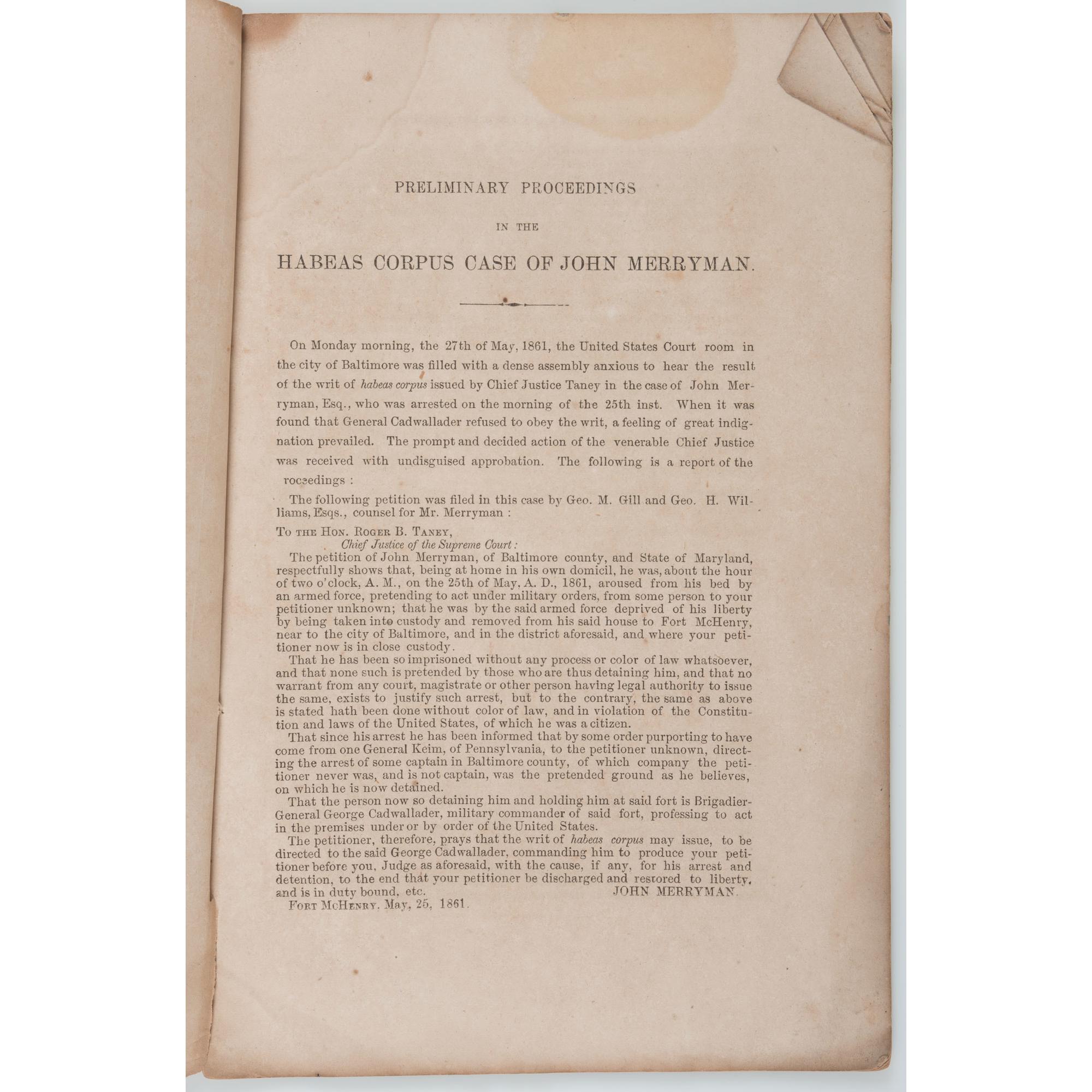 Very Rare 1861 New Orleans Imprint, Opinion of Chief Justice Taney in the Case of Ex Parte John Merryman