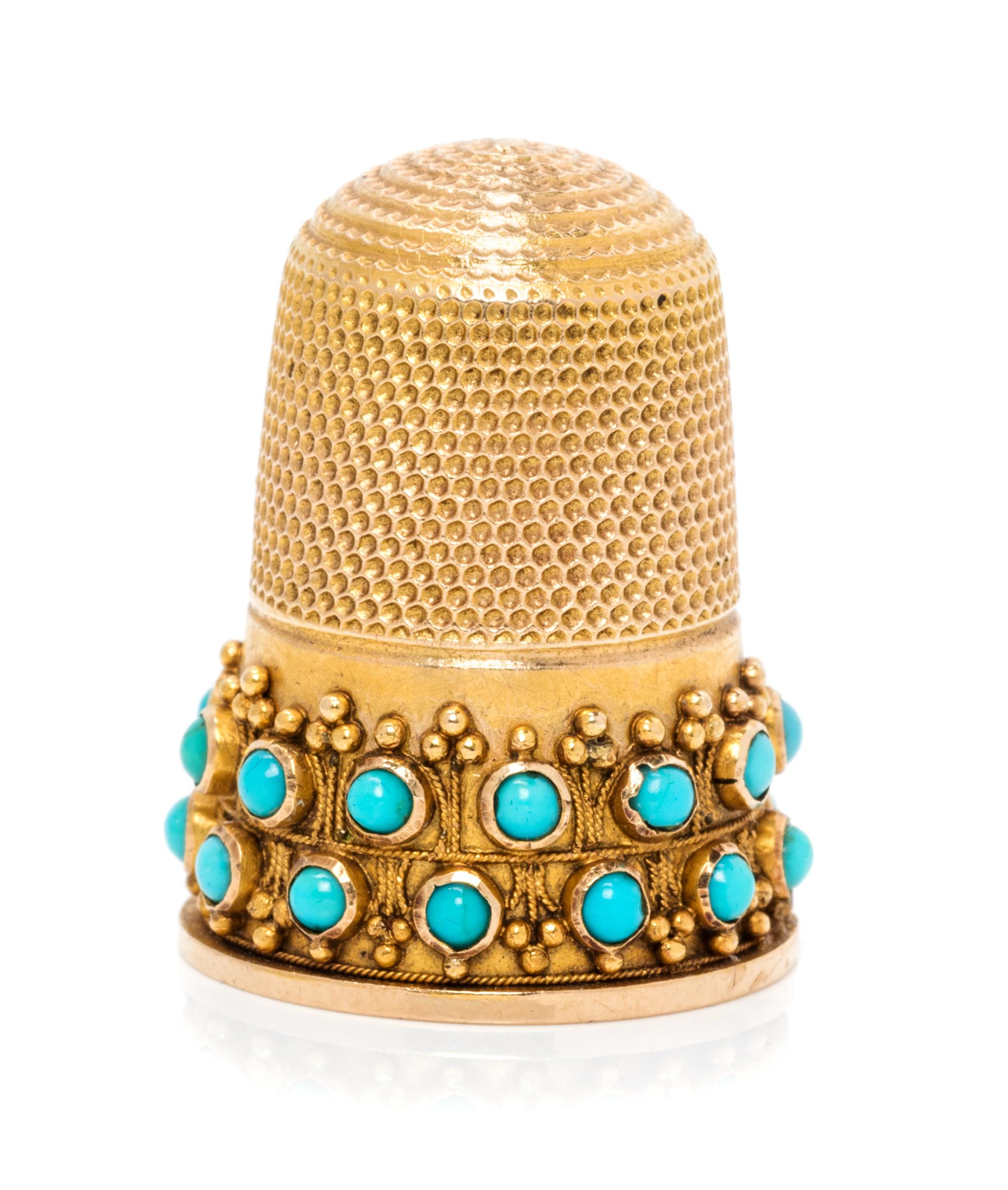 A Victorian Yellow Gold and Turquoise Thimble, Likely James Fenton, Birmingham, 1894, the knurled top and body above two bands inset wi