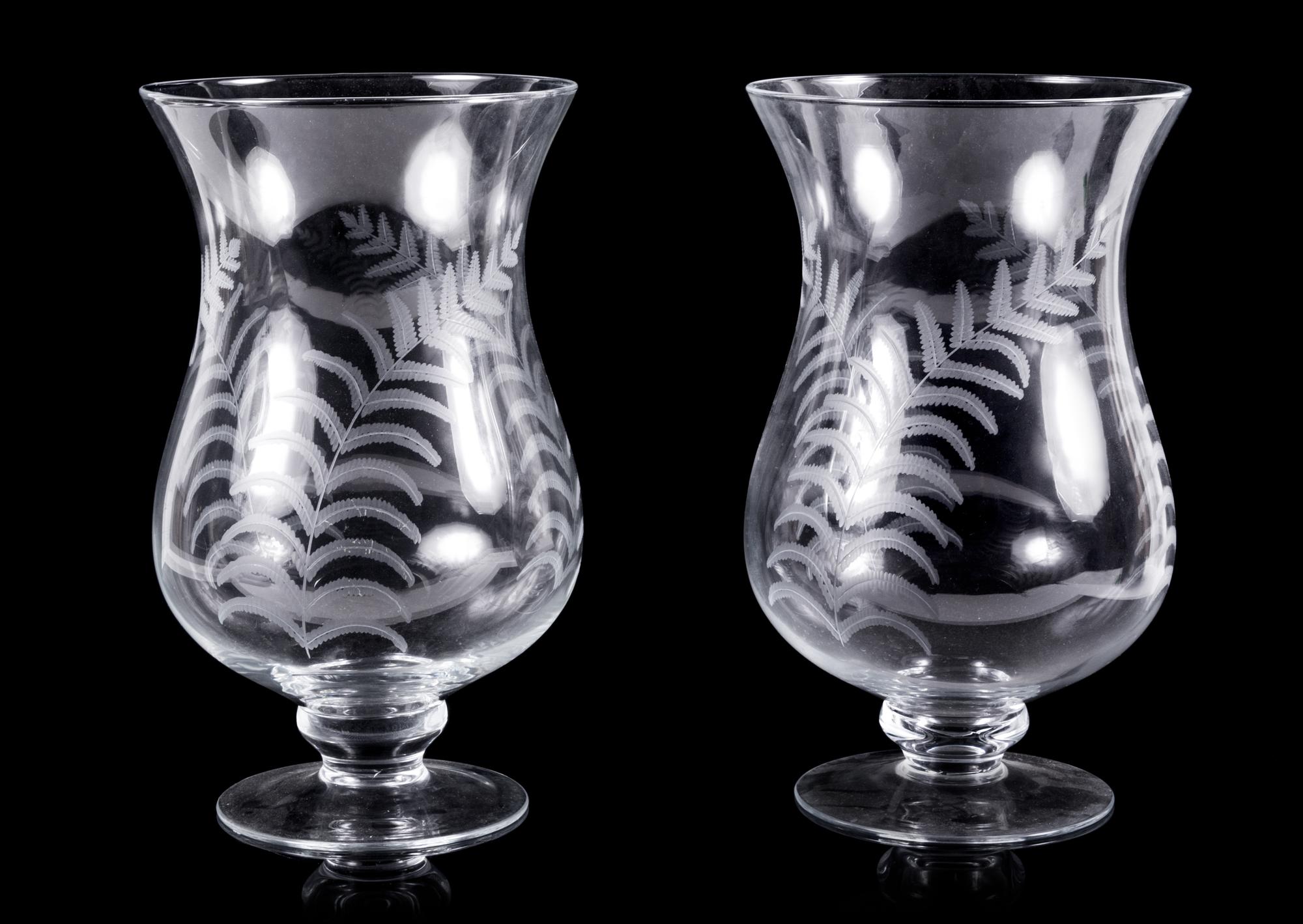 A Pair Etched Glass Vases Height 15 inches.