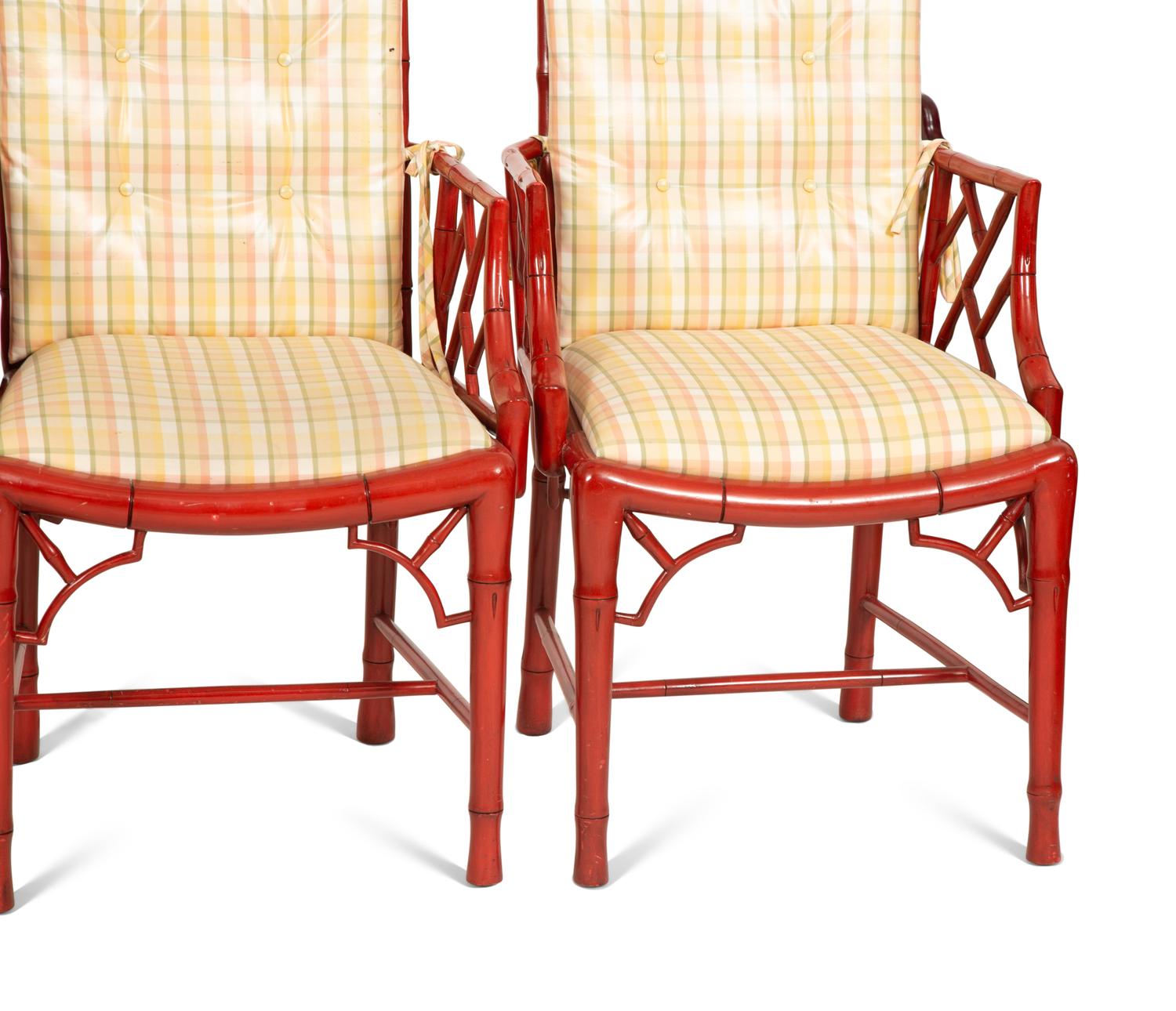 Four Chinese Chippendale Style Red Lacquer Armchairs