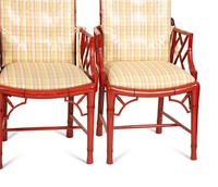 Four Chinese Chippendale Style Red Lacquer Armchairs