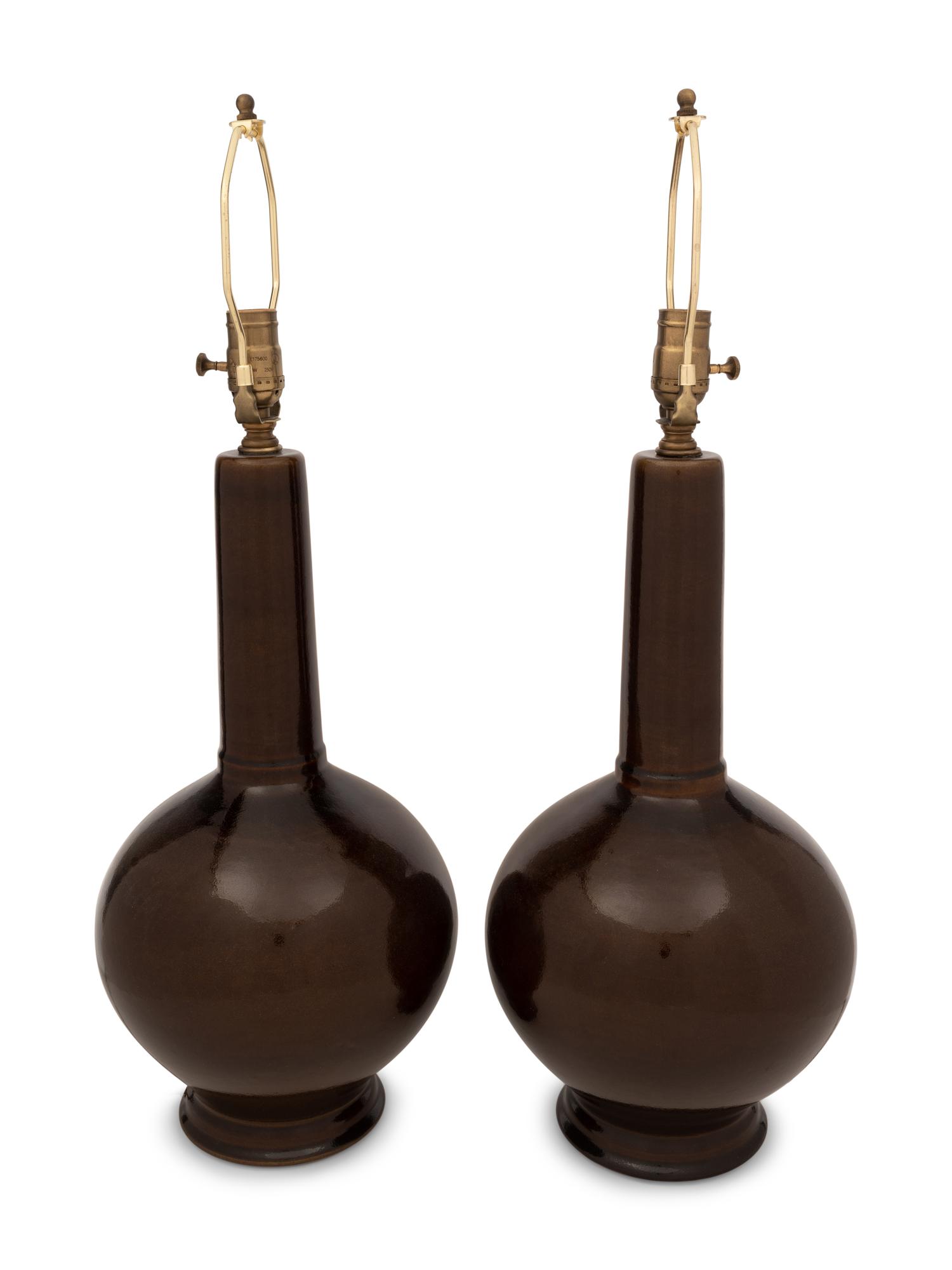 A Pair of Brown Glazed Stoneware Lamps