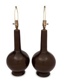 A Pair of Brown Glazed Stoneware Lamps