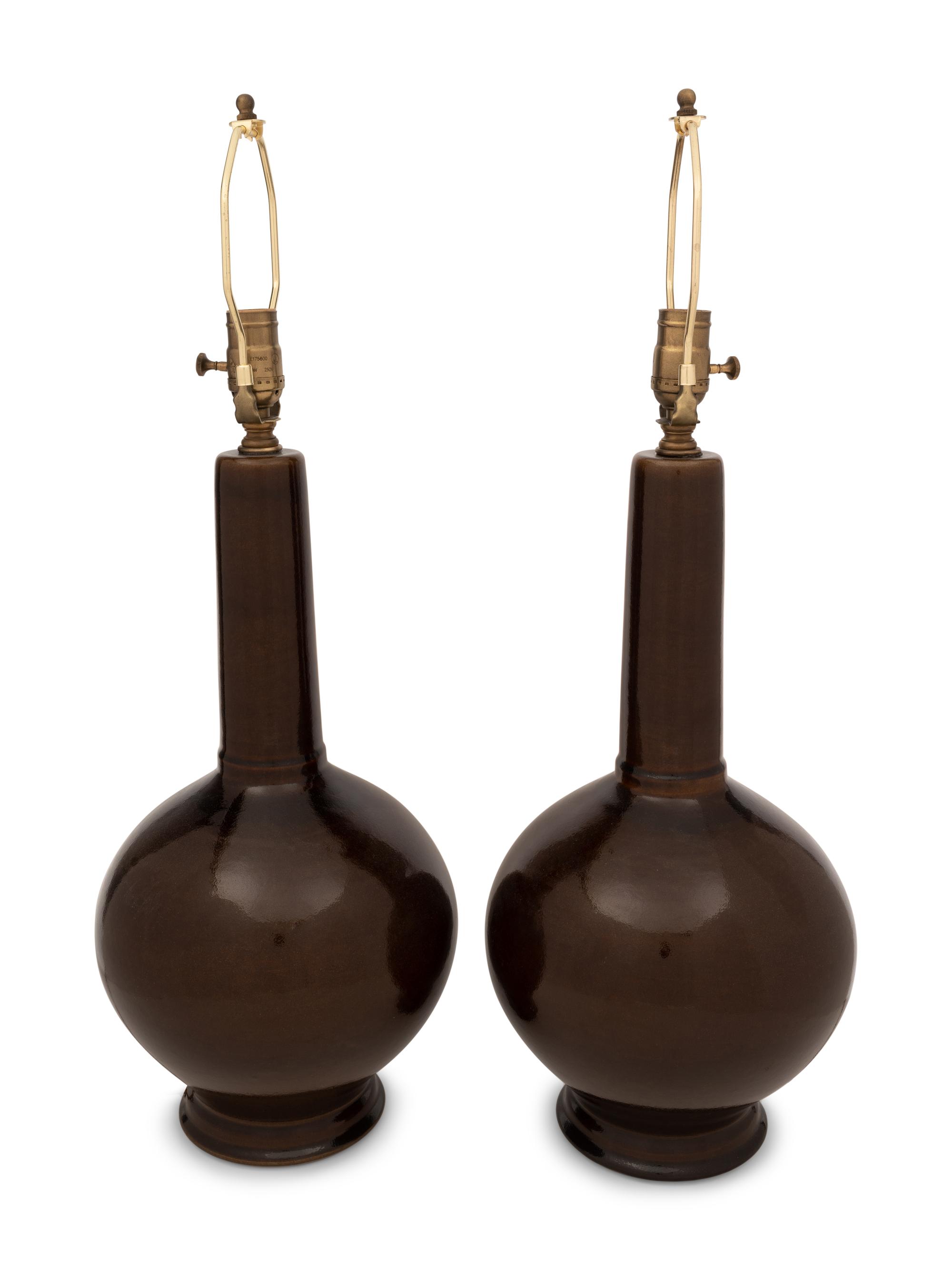 A Pair of Brown Glazed Stoneware Lamps