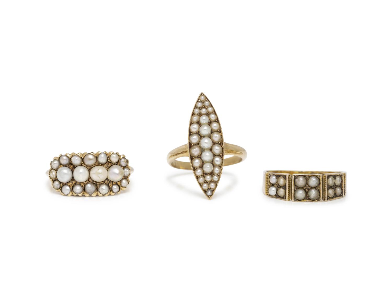 COLLECTION OF YELLOW GOLD AND SEED PEARL RINGS