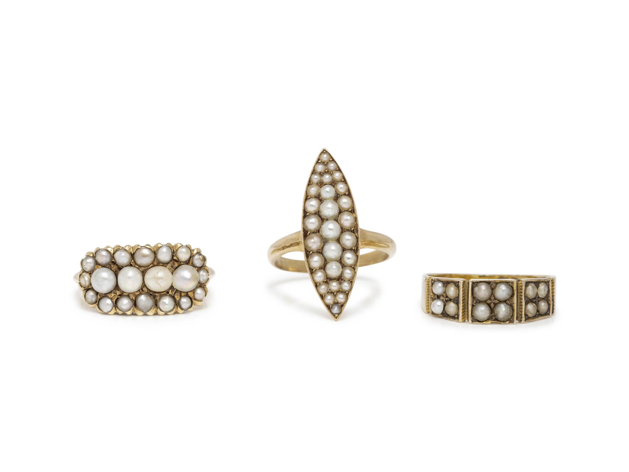 COLLECTION OF YELLOW GOLD AND SEED PEARL RINGS