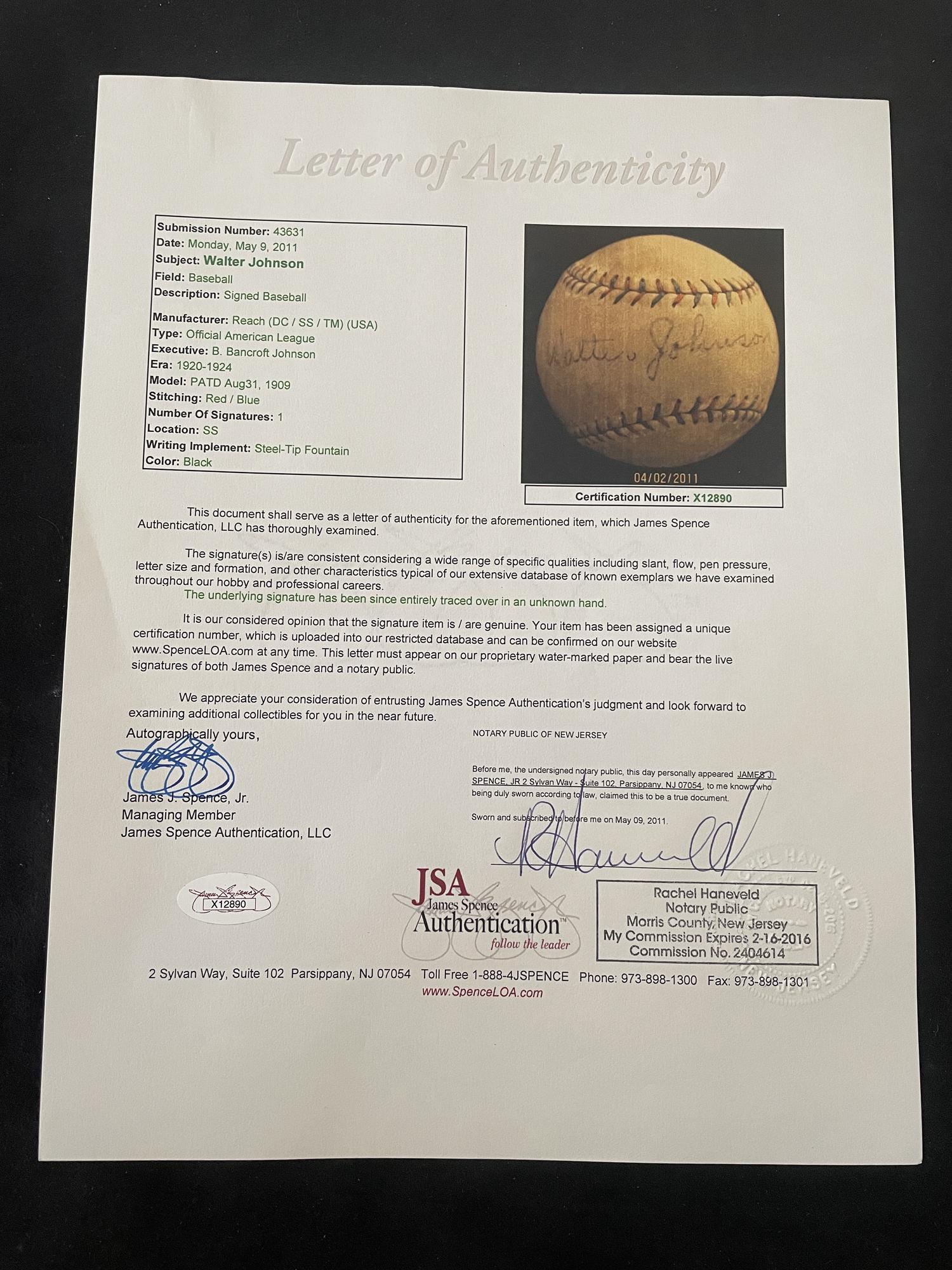 A Walter Johnson Signed Autograph Baseball - Traced (JSA Letter)
