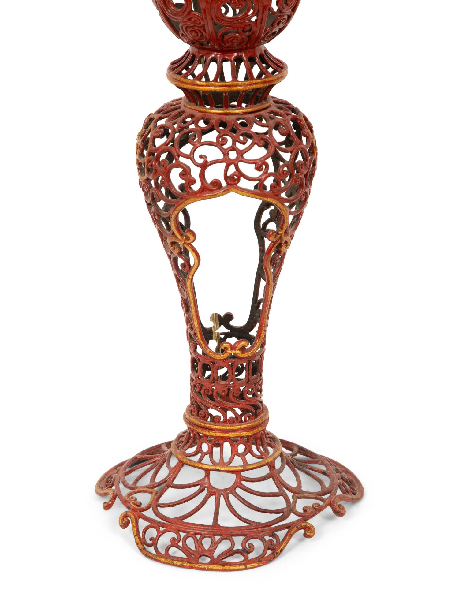 A Pair of Chinese Design Red-Painted and Parcel Gilt Reticulated Metal Table Lamps