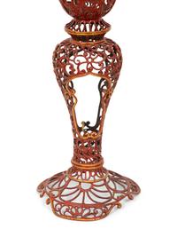 A Pair of Chinese Design Red-Painted and Parcel Gilt Reticulated Metal Table Lamps