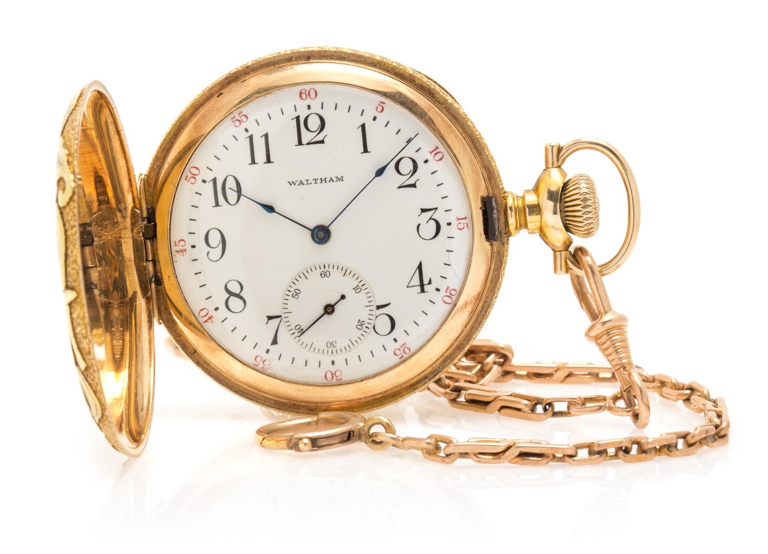 A 14 Karat Tri-Color Gold Hunter Case Pocketwatch with 14 Karat Fob Chain, Waltham, 70.00 dwts.