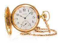 A 14 Karat Tri-Color Gold Hunter Case Pocketwatch with 14 Karat Fob Chain, Waltham, 70.00 dwts.