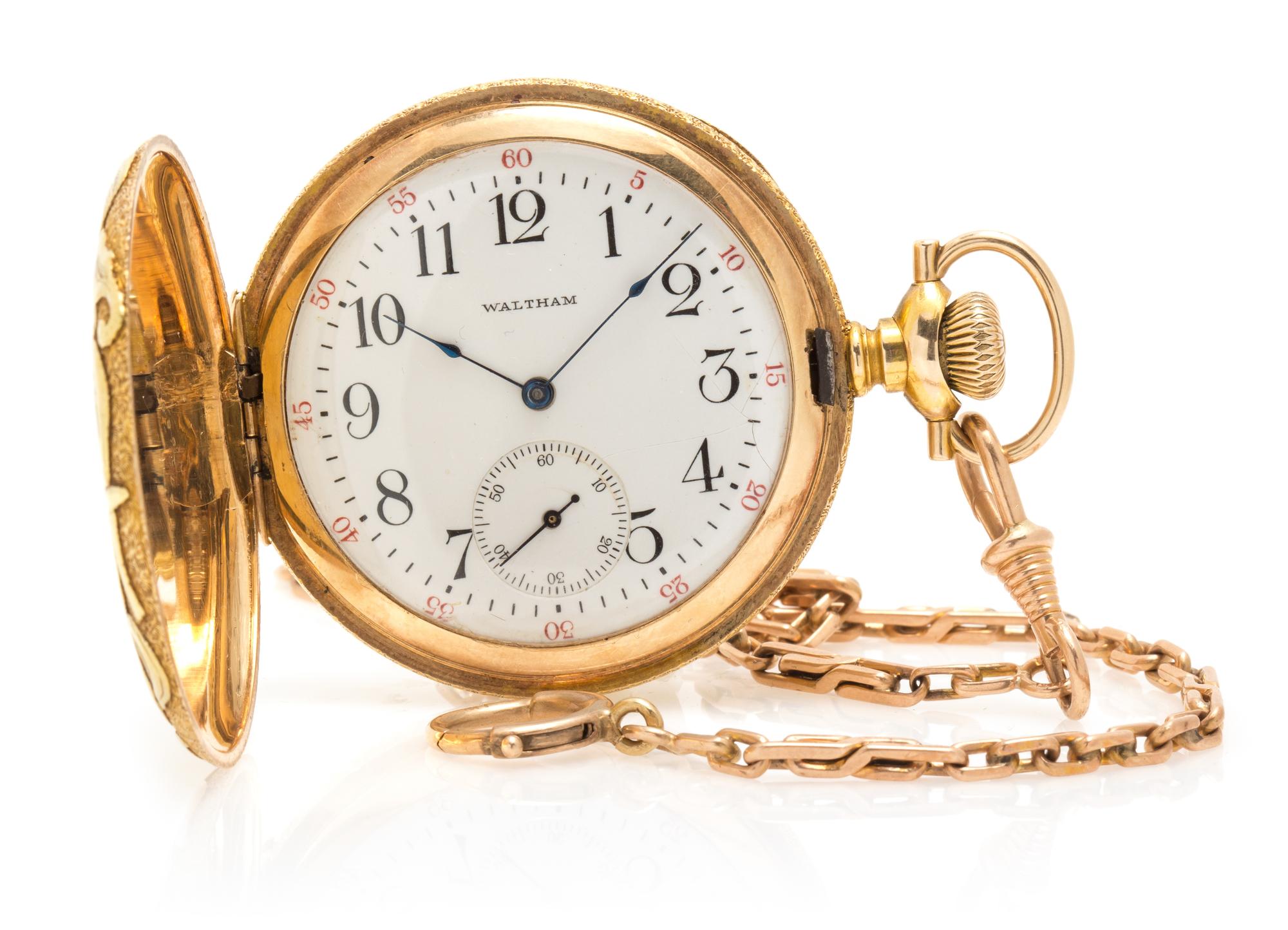 A 14 Karat Tri-Color Gold Hunter Case Pocketwatch with 14 Karat Fob Chain, Waltham, 70.00 dwts.